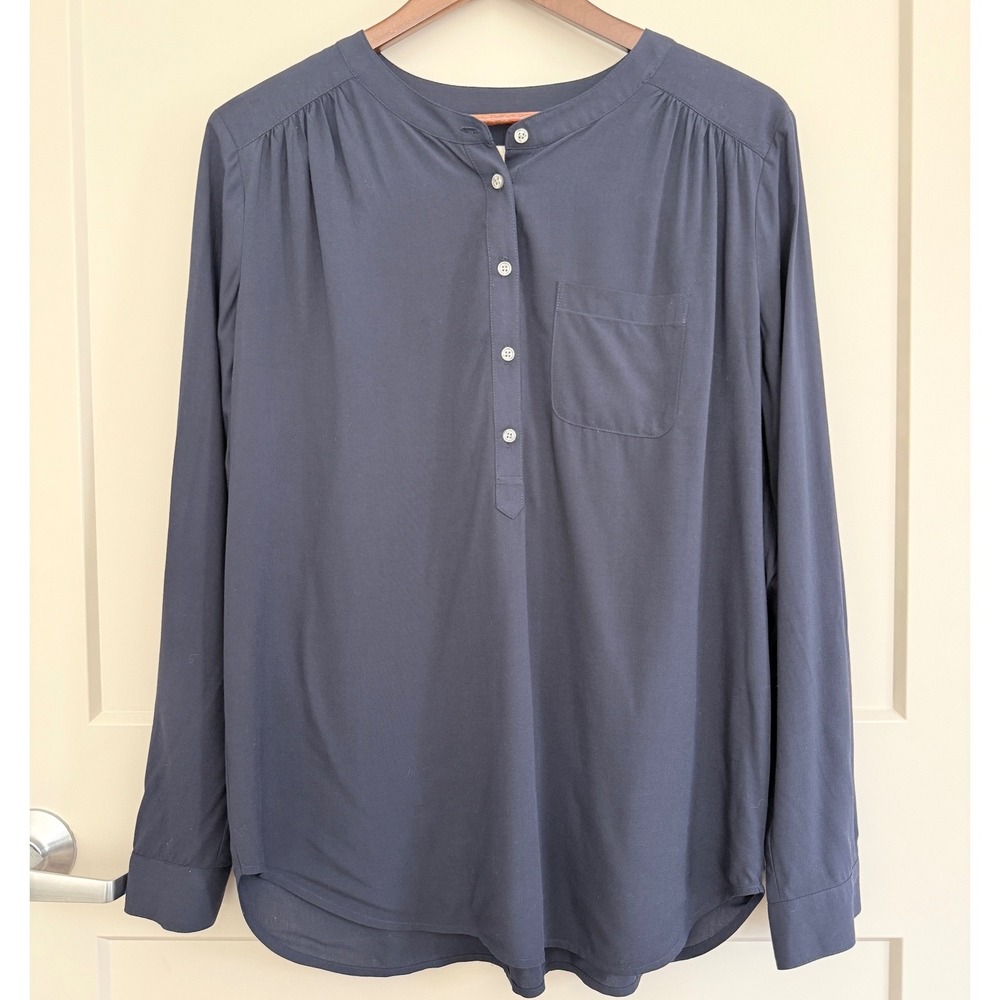 LOFT Navy Blue Sleek Popover Button Front Long Sleeve Blouse size Medium